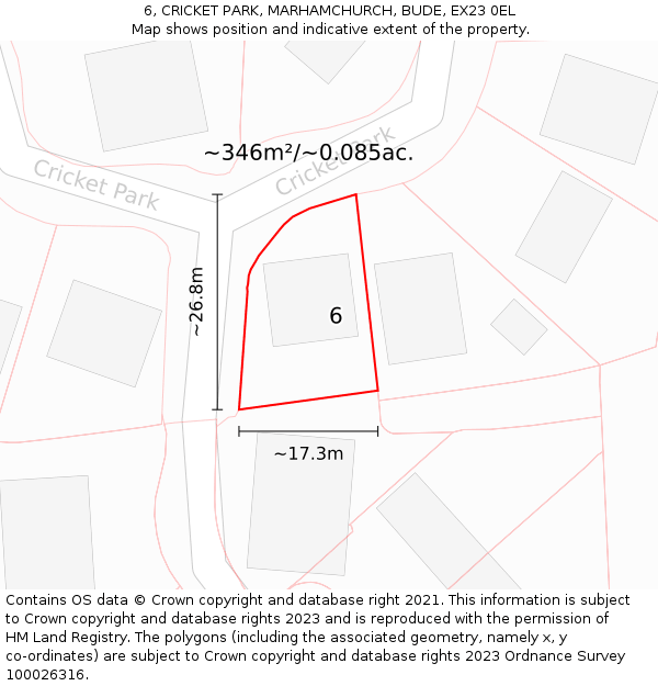 6, CRICKET PARK, MARHAMCHURCH, BUDE, EX23 0EL: Plot and title map