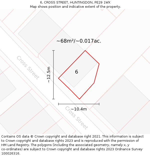 6, CROSS STREET, HUNTINGDON, PE29 1WX: Plot and title map