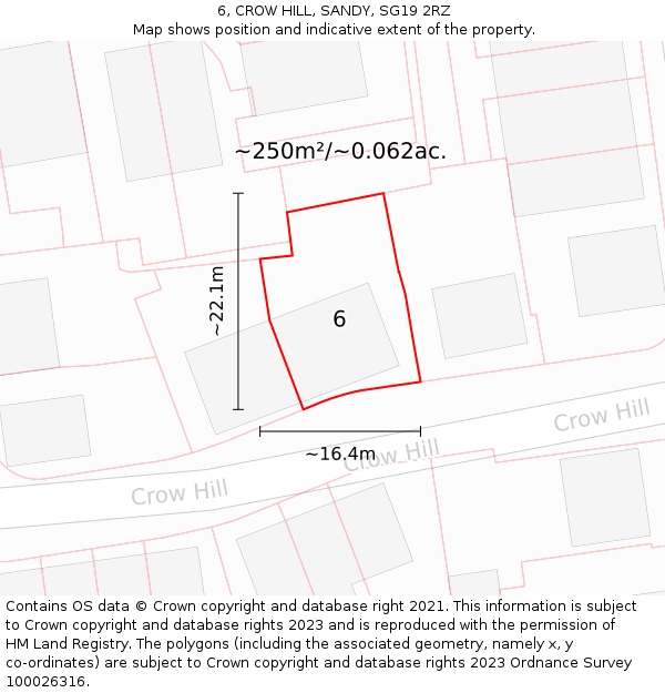 6, CROW HILL, SANDY, SG19 2RZ: Plot and title map