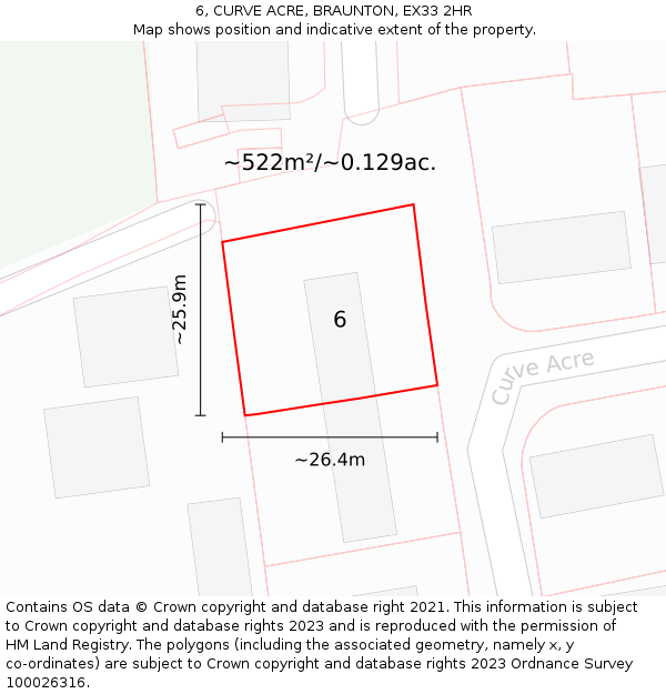 6, CURVE ACRE, BRAUNTON, EX33 2HR: Plot and title map