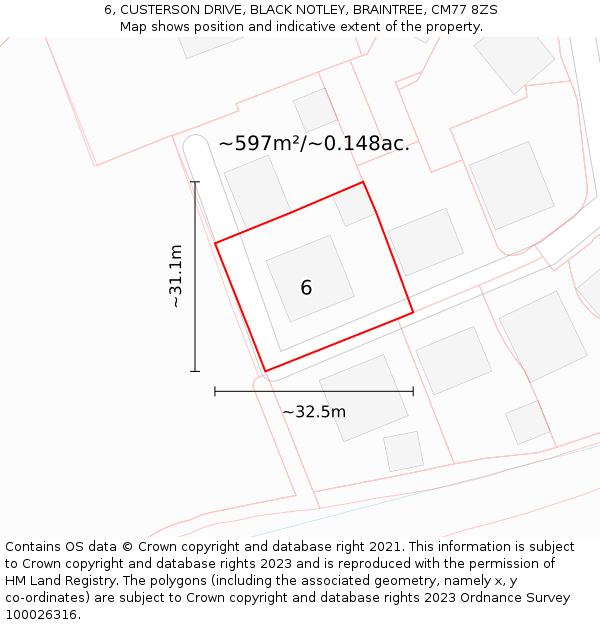 6, CUSTERSON DRIVE, BLACK NOTLEY, BRAINTREE, CM77 8ZS: Plot and title map