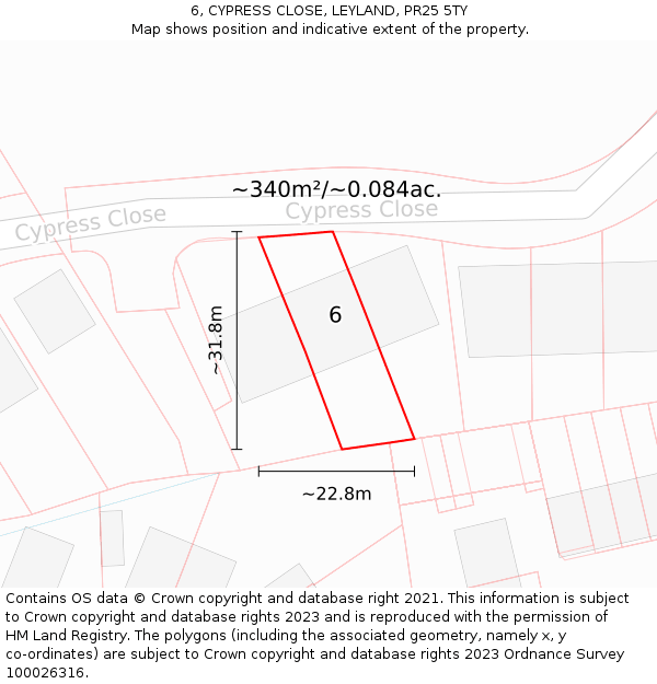 6, CYPRESS CLOSE, LEYLAND, PR25 5TY: Plot and title map