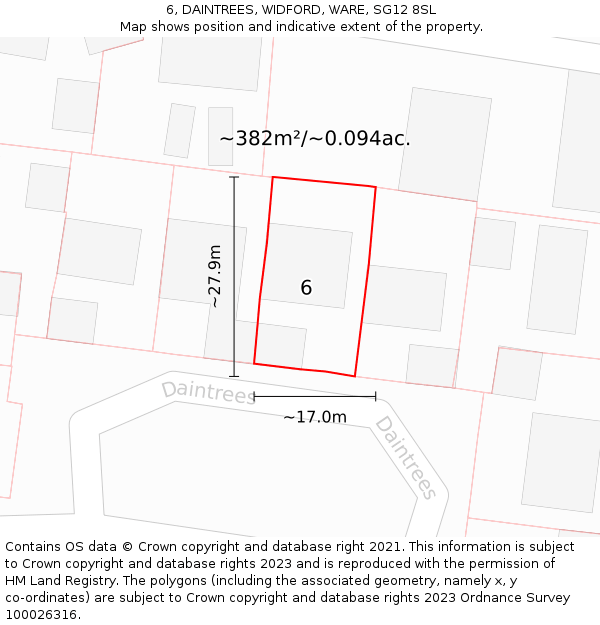 6, DAINTREES, WIDFORD, WARE, SG12 8SL: Plot and title map