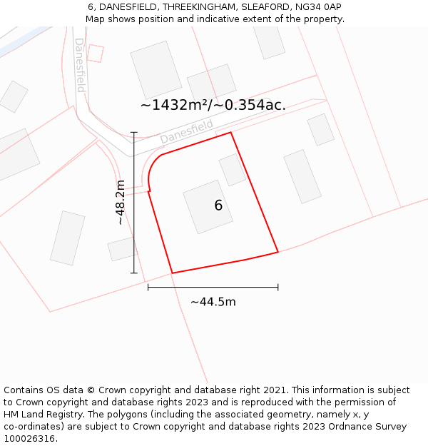 6, DANESFIELD, THREEKINGHAM, SLEAFORD, NG34 0AP: Plot and title map