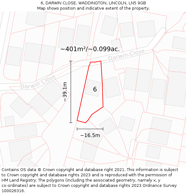 6, DARWIN CLOSE, WADDINGTON, LINCOLN, LN5 9GB: Plot and title map
