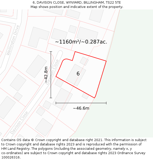 6, DAVISON CLOSE, WYNYARD, BILLINGHAM, TS22 5TE: Plot and title map
