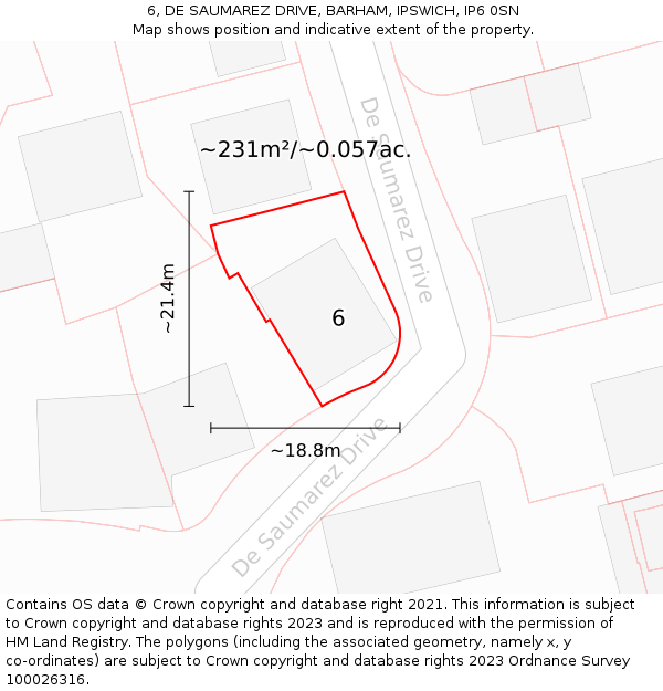 6, DE SAUMAREZ DRIVE, BARHAM, IPSWICH, IP6 0SN: Plot and title map