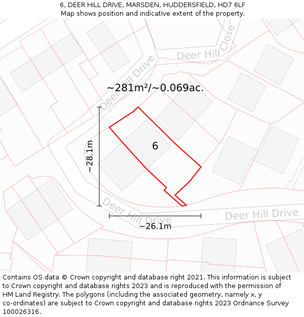 6, DEER HILL DRIVE, MARSDEN, HUDDERSFIELD, HD7 6LF: Plot and title map