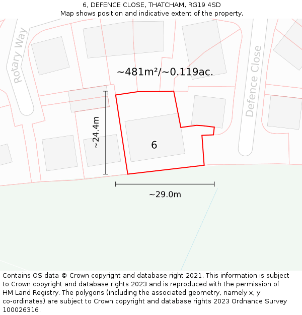 6, DEFENCE CLOSE, THATCHAM, RG19 4SD: Plot and title map