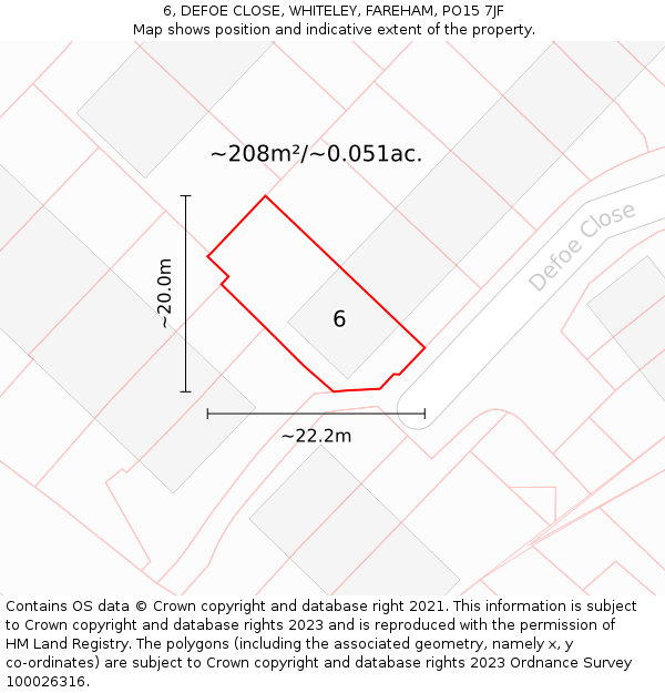 6, DEFOE CLOSE, WHITELEY, FAREHAM, PO15 7JF: Plot and title map
