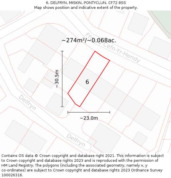 6, DELFRYN, MISKIN, PONTYCLUN, CF72 8SS: Plot and title map