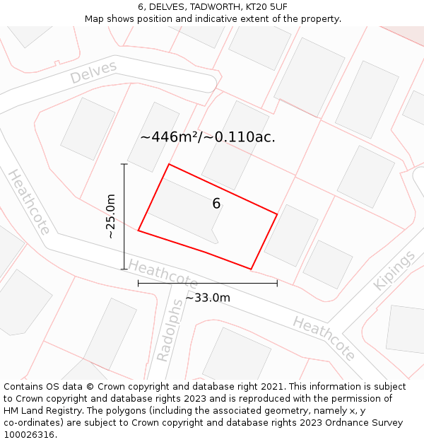 6, DELVES, TADWORTH, KT20 5UF: Plot and title map
