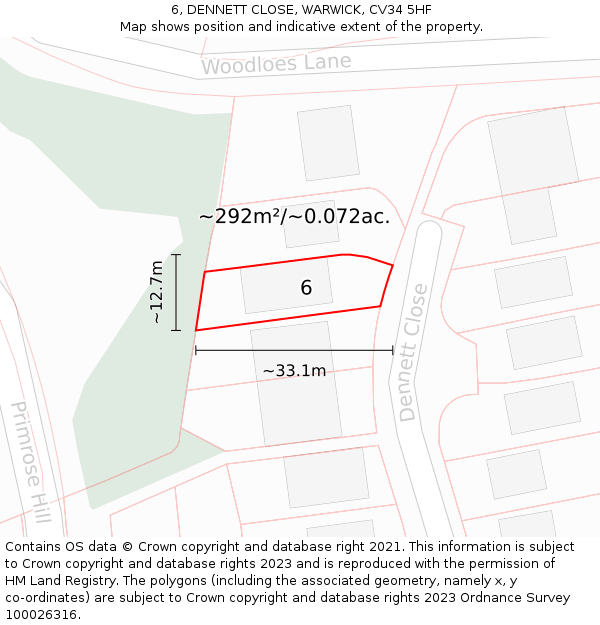 6, DENNETT CLOSE, WARWICK, CV34 5HF: Plot and title map