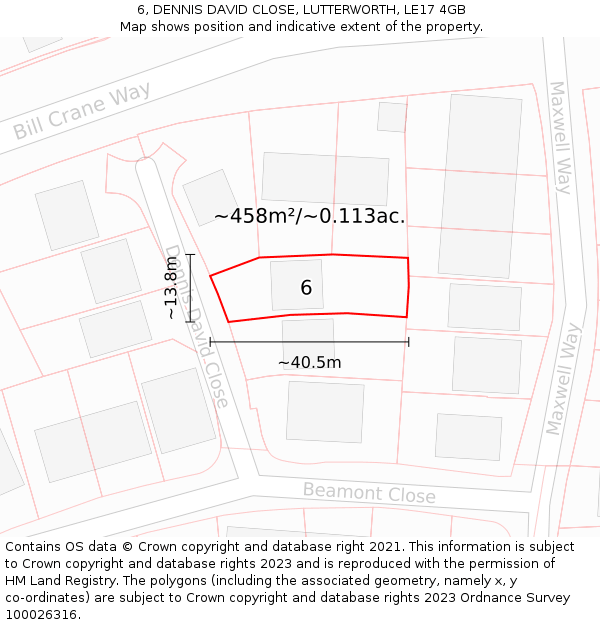 6, DENNIS DAVID CLOSE, LUTTERWORTH, LE17 4GB: Plot and title map