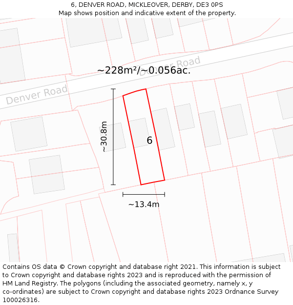 6, DENVER ROAD, MICKLEOVER, DERBY, DE3 0PS: Plot and title map
