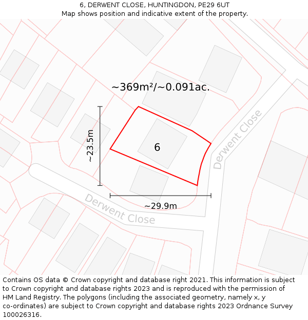 6, DERWENT CLOSE, HUNTINGDON, PE29 6UT: Plot and title map