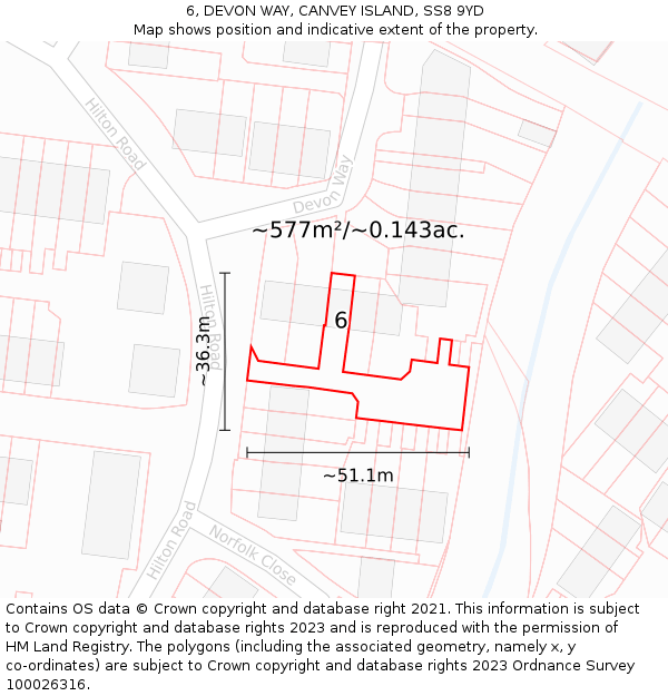6, DEVON WAY, CANVEY ISLAND, SS8 9YD: Plot and title map