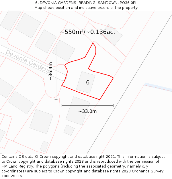 6, DEVONIA GARDENS, BRADING, SANDOWN, PO36 0PL: Plot and title map