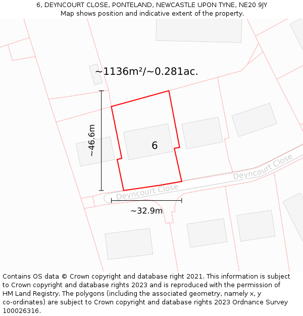 6, DEYNCOURT CLOSE, PONTELAND, NEWCASTLE UPON TYNE, NE20 9JY: Plot and title map