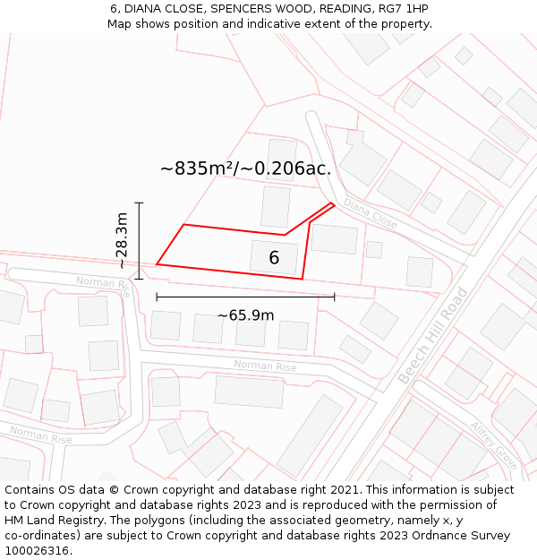 6, DIANA CLOSE, SPENCERS WOOD, READING, RG7 1HP: Plot and title map