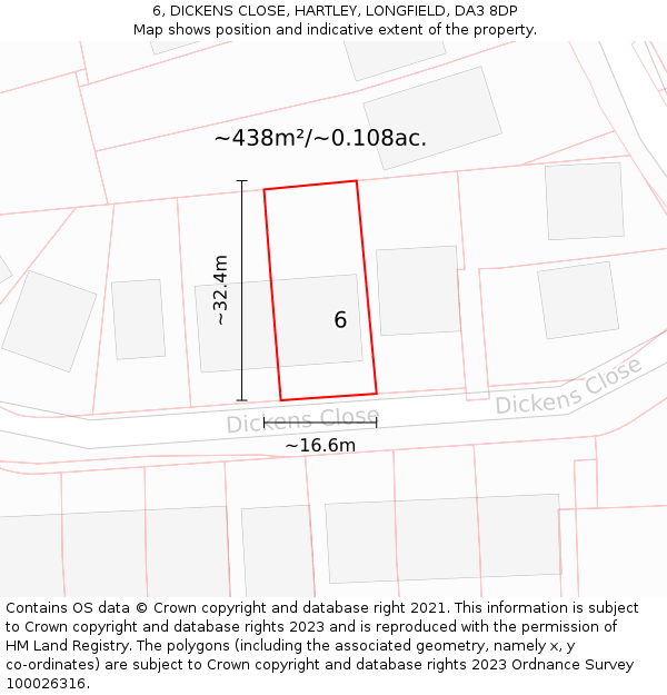 6, DICKENS CLOSE, HARTLEY, LONGFIELD, DA3 8DP: Plot and title map