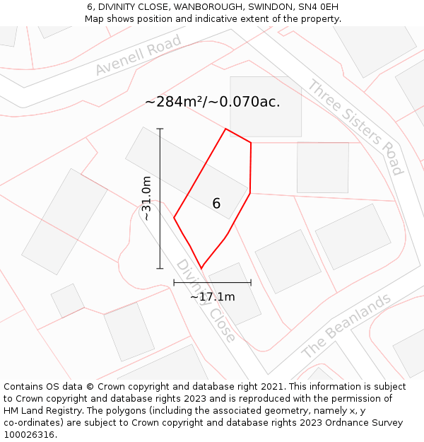 6, DIVINITY CLOSE, WANBOROUGH, SWINDON, SN4 0EH: Plot and title map