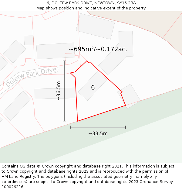 6, DOLERW PARK DRIVE, NEWTOWN, SY16 2BA: Plot and title map