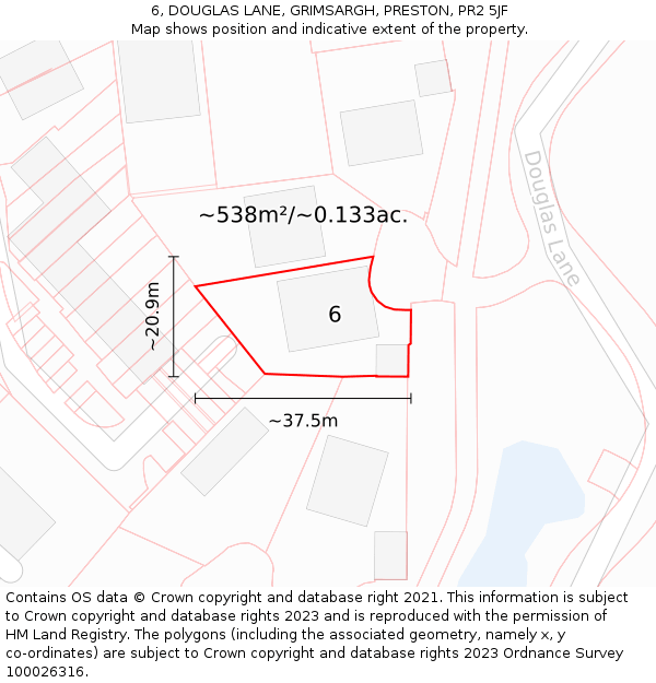 6, DOUGLAS LANE, GRIMSARGH, PRESTON, PR2 5JF: Plot and title map