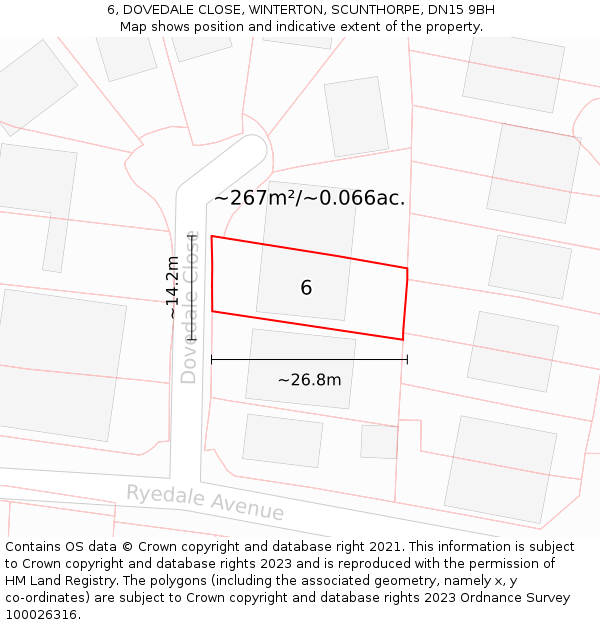 6, DOVEDALE CLOSE, WINTERTON, SCUNTHORPE, DN15 9BH: Plot and title map