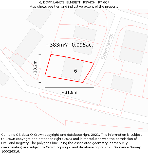 6, DOWNLANDS, ELMSETT, IPSWICH, IP7 6QF: Plot and title map
