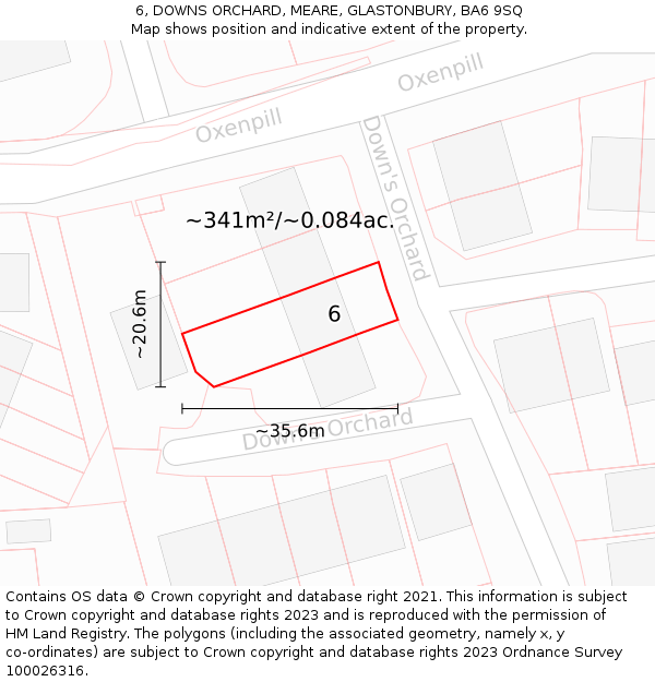 6, DOWNS ORCHARD, MEARE, GLASTONBURY, BA6 9SQ: Plot and title map
