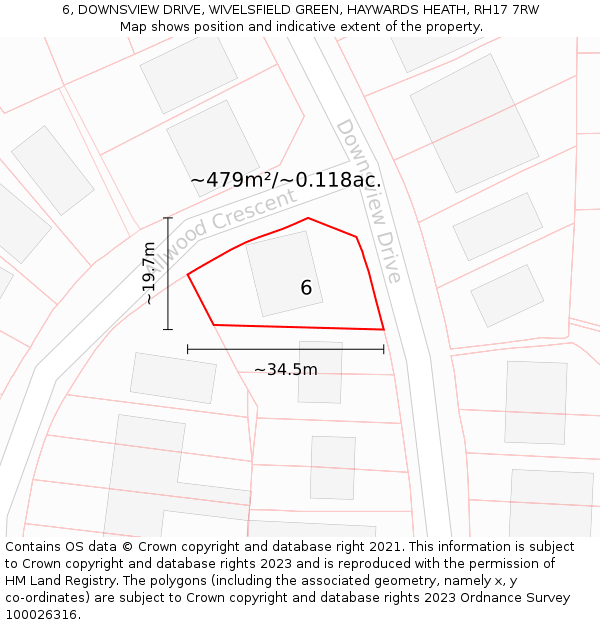 6, DOWNSVIEW DRIVE, WIVELSFIELD GREEN, HAYWARDS HEATH, RH17 7RW: Plot and title map