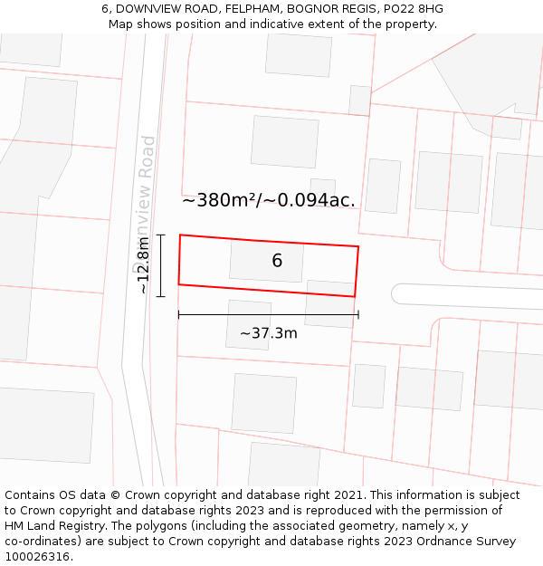 6, DOWNVIEW ROAD, FELPHAM, BOGNOR REGIS, PO22 8HG: Plot and title map