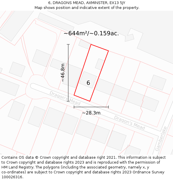 6, DRAGONS MEAD, AXMINSTER, EX13 5JY: Plot and title map