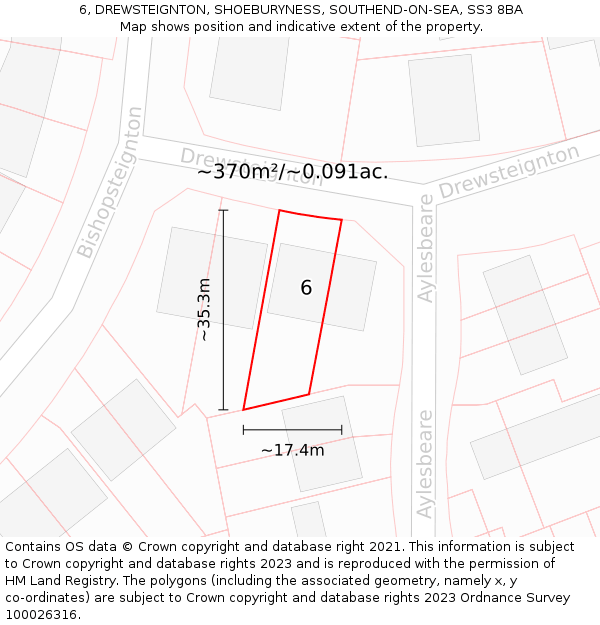 6, DREWSTEIGNTON, SHOEBURYNESS, SOUTHEND-ON-SEA, SS3 8BA: Plot and title map