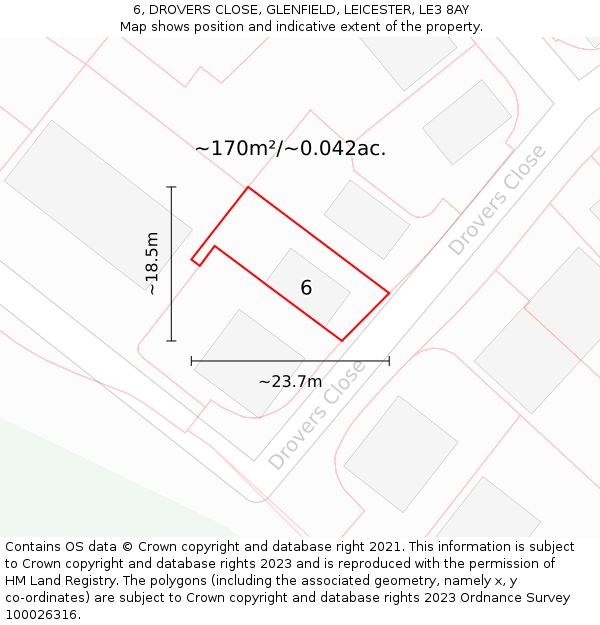 6, DROVERS CLOSE, GLENFIELD, LEICESTER, LE3 8AY: Plot and title map