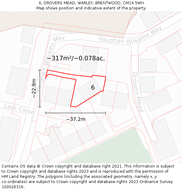 6, DROVERS MEAD, WARLEY, BRENTWOOD, CM14 5WH: Plot and title map
