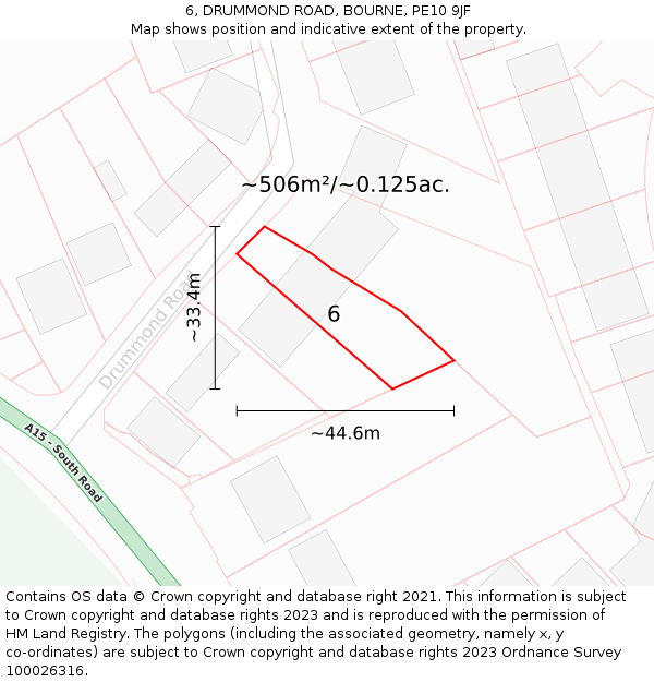 6, DRUMMOND ROAD, BOURNE, PE10 9JF: Plot and title map