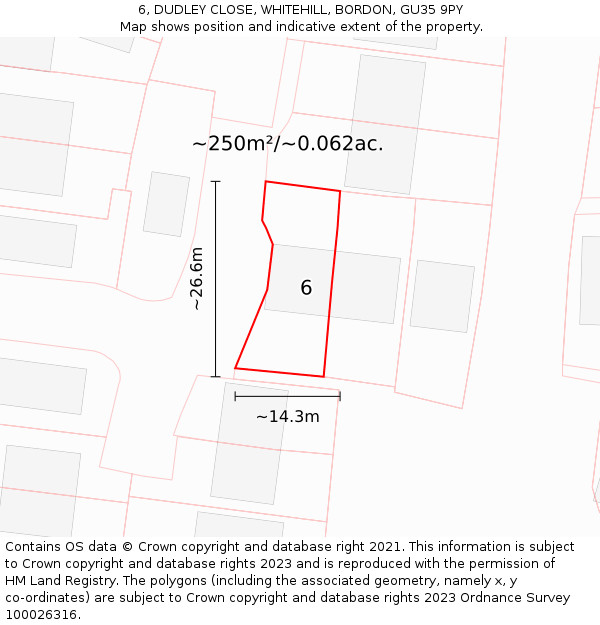 6, DUDLEY CLOSE, WHITEHILL, BORDON, GU35 9PY: Plot and title map