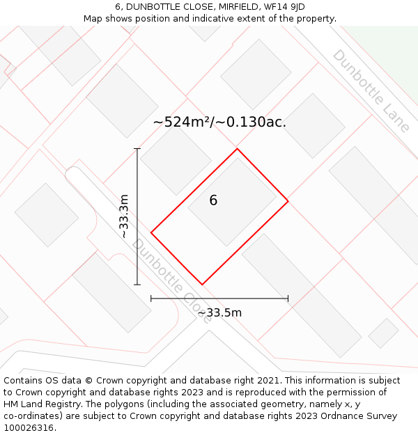 6, DUNBOTTLE CLOSE, MIRFIELD, WF14 9JD: Plot and title map