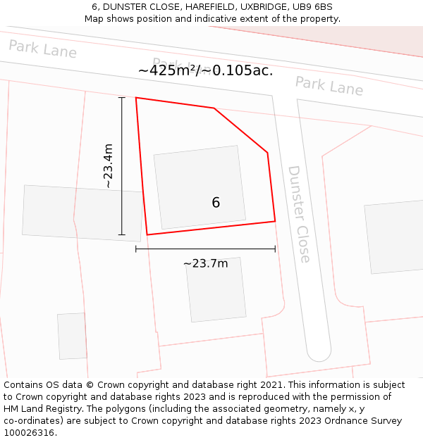 6, DUNSTER CLOSE, HAREFIELD, UXBRIDGE, UB9 6BS: Plot and title map