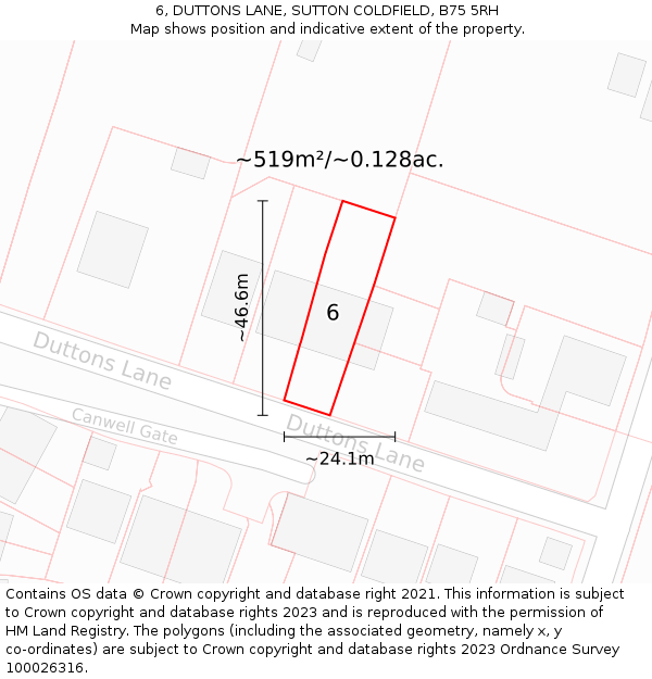 6, DUTTONS LANE, SUTTON COLDFIELD, B75 5RH: Plot and title map