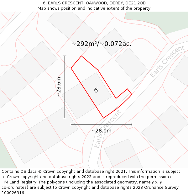6, EARLS CRESCENT, OAKWOOD, DERBY, DE21 2QB: Plot and title map
