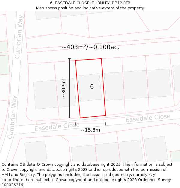 6, EASEDALE CLOSE, BURNLEY, BB12 8TR: Plot and title map