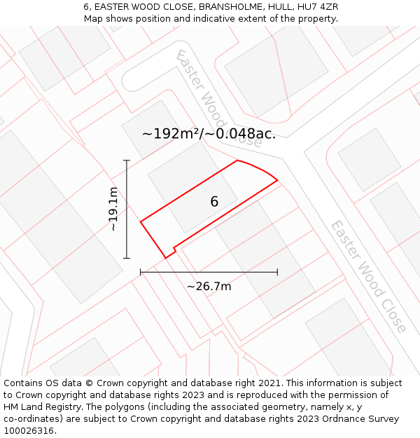 6, EASTER WOOD CLOSE, BRANSHOLME, HULL, HU7 4ZR: Plot and title map