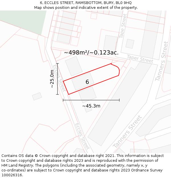 6, ECCLES STREET, RAMSBOTTOM, BURY, BL0 9HQ: Plot and title map