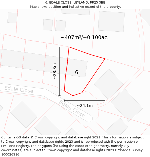 6, EDALE CLOSE, LEYLAND, PR25 3BB: Plot and title map