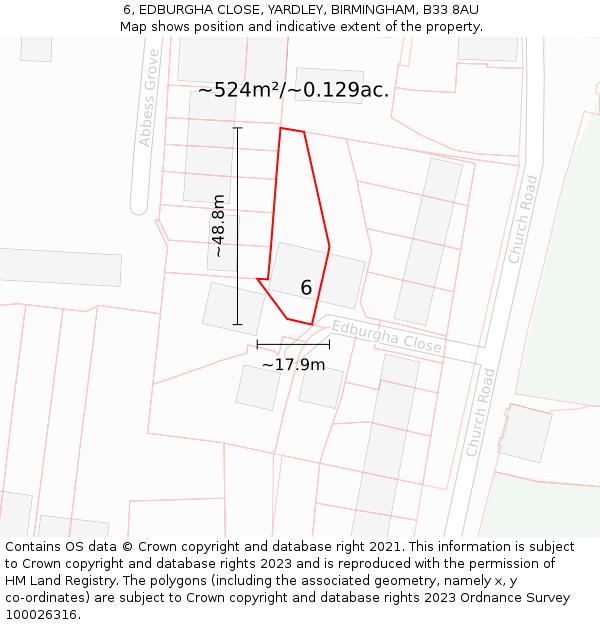 6, EDBURGHA CLOSE, YARDLEY, BIRMINGHAM, B33 8AU: Plot and title map