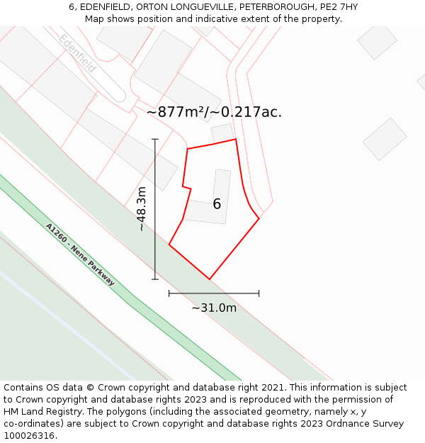 6, EDENFIELD, ORTON LONGUEVILLE, PETERBOROUGH, PE2 7HY: Plot and title map