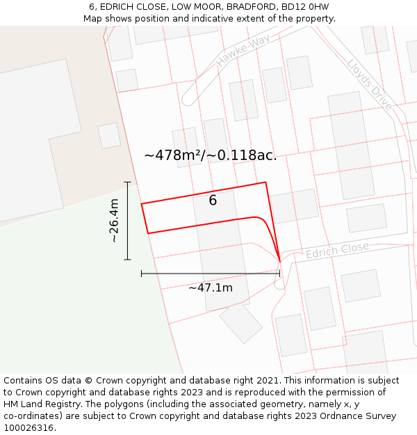 6, EDRICH CLOSE, LOW MOOR, BRADFORD, BD12 0HW: Plot and title map